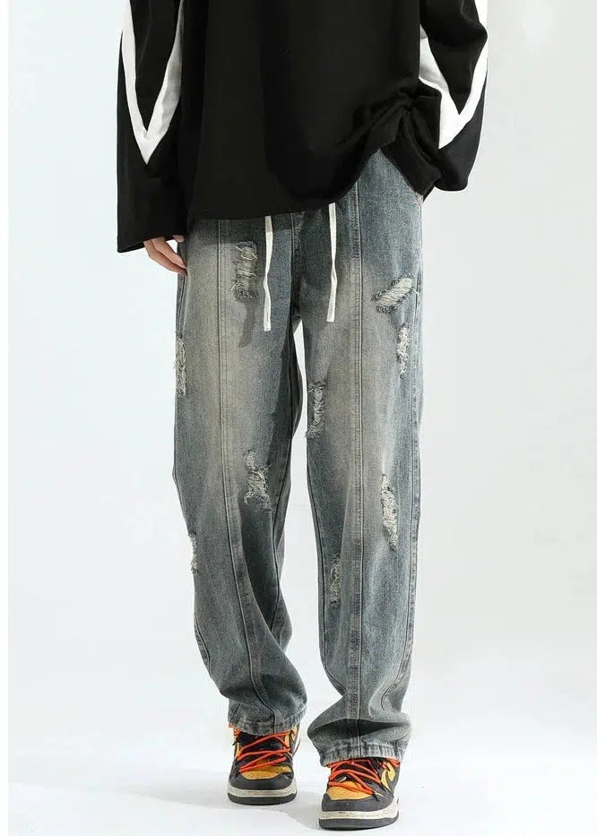 Distressed women jeans for a trendy and edgy lookElastic Drawstring Ripped Straight Jeans