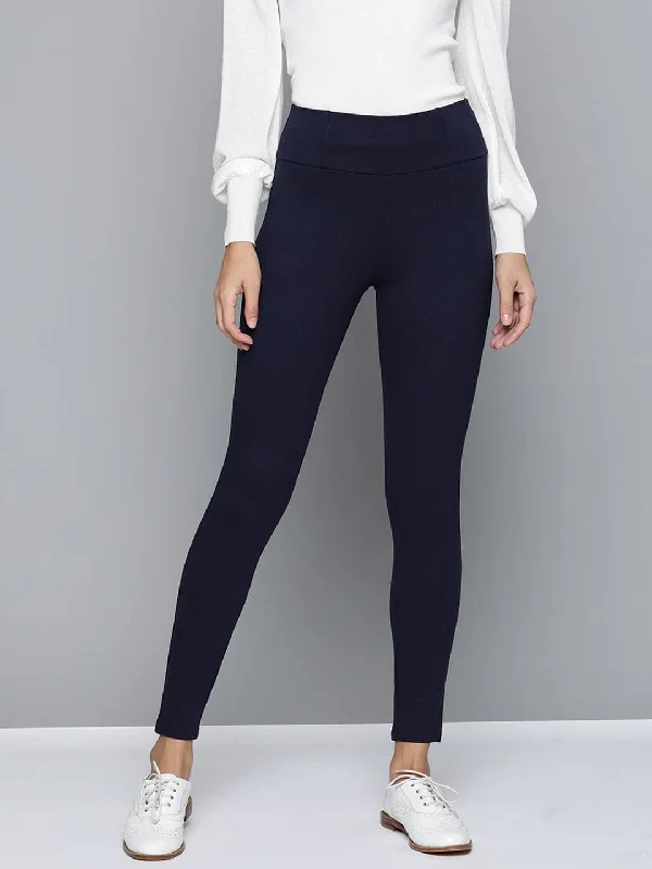 Women's Leather - Look Tight Trousers with Zipper Details in Dark Gray for an Urban StyleNavy High Waist Jegging