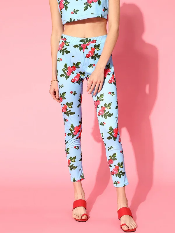 Plus Size Women's Printed Tight Trousers in Floral Patterns for a Spring - Inspired OutfitWomen Blue Floral Leggings