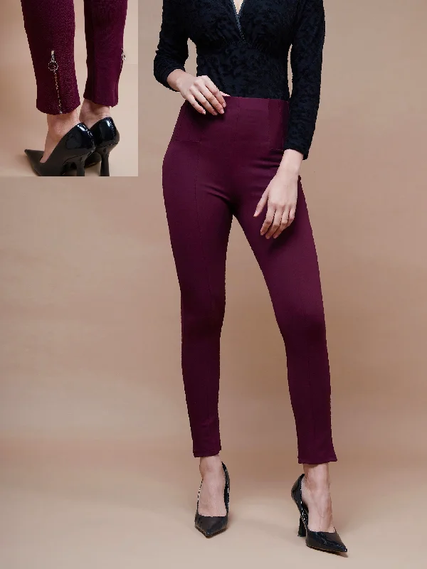 Plus Size Women's Stretch Cotton Tight Trousers in Navy for Comfortable Everyday WearWomen Burgundy Bottom Zipper Jeggings