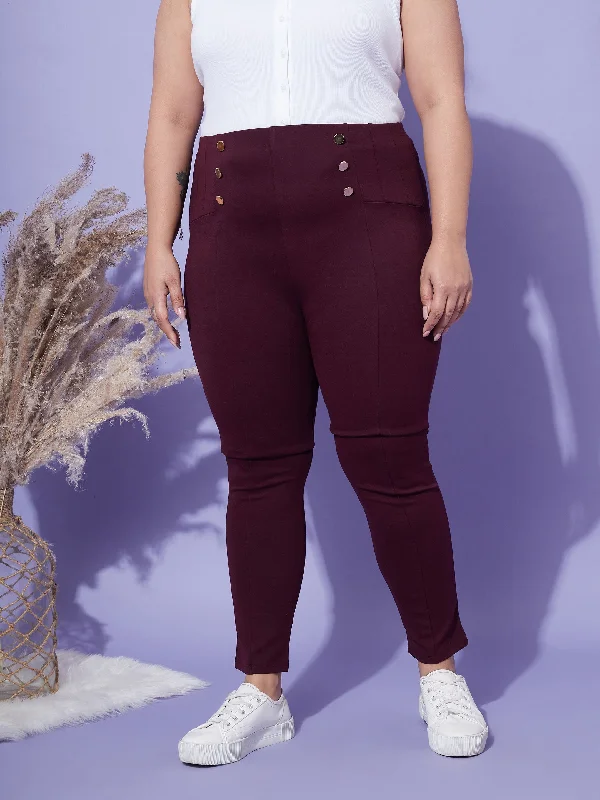 Women's Denim - Look Tight Trousers in Light Blue for a Casual and Versatile OptionWomen Burgundy Show Button High Waist Jeggings