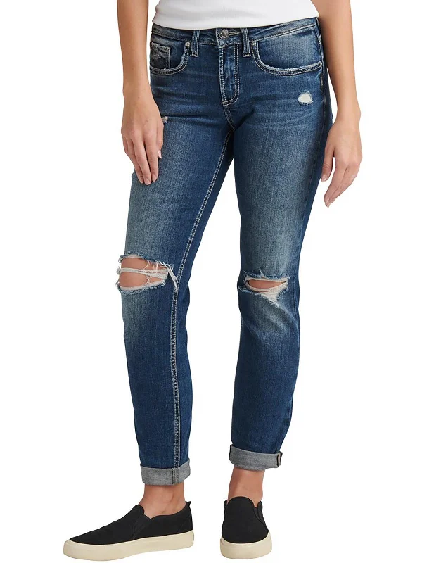 Embroidered women jeans with intricate patternsWomens Mid-Rise Destroyed Boyfriend Jeans