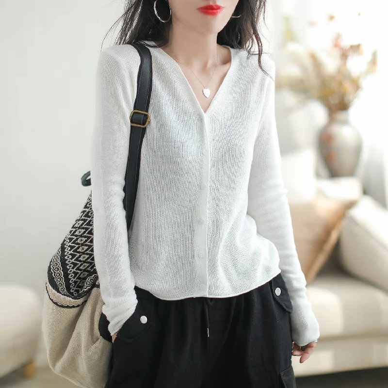 long length women cardigan with side slitsAutumn Minimalist Casual V-Neck Knitted Cardigan