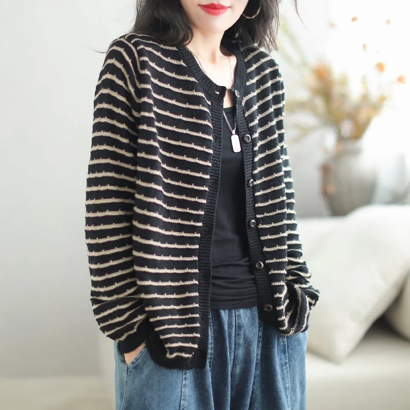 oversized women cardigan for a trendy and cozy lookAutumn Stylish Stripe Cotton Knitted Cardigan