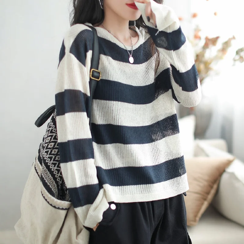 long length women cardigan with side slitsAutumn Stylish Stripe Knitted Casual Cardigan