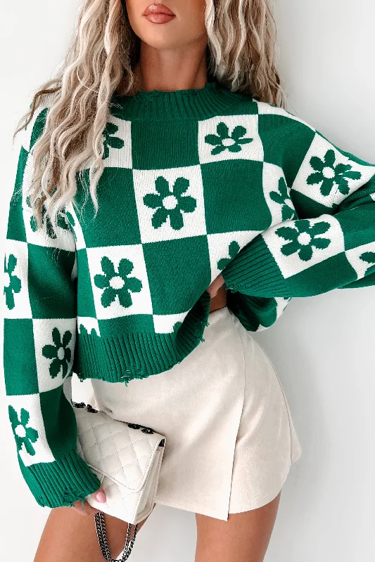 hand knitted women cardigan with artisanal charmBeauty & Brains Checkered Floral Sweater (Green/Cream)