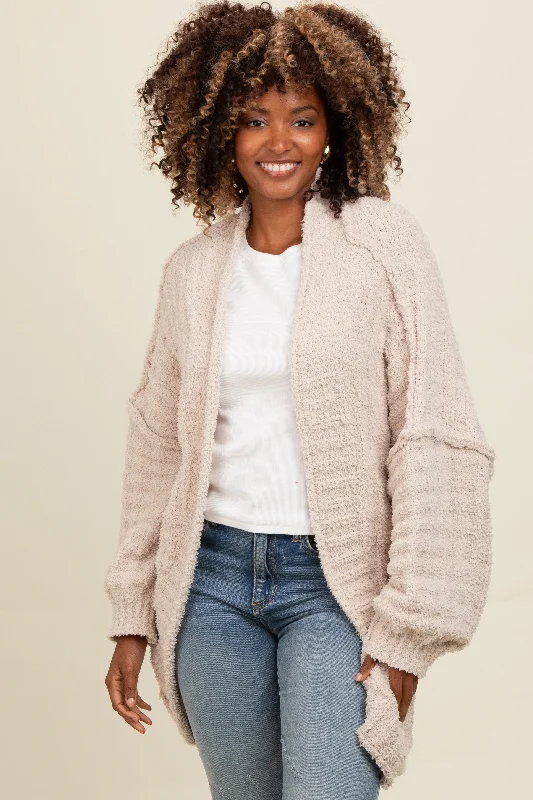 plus size women cardigan for comfortable layeringBeige Chunky Knit Dolman Cardigan