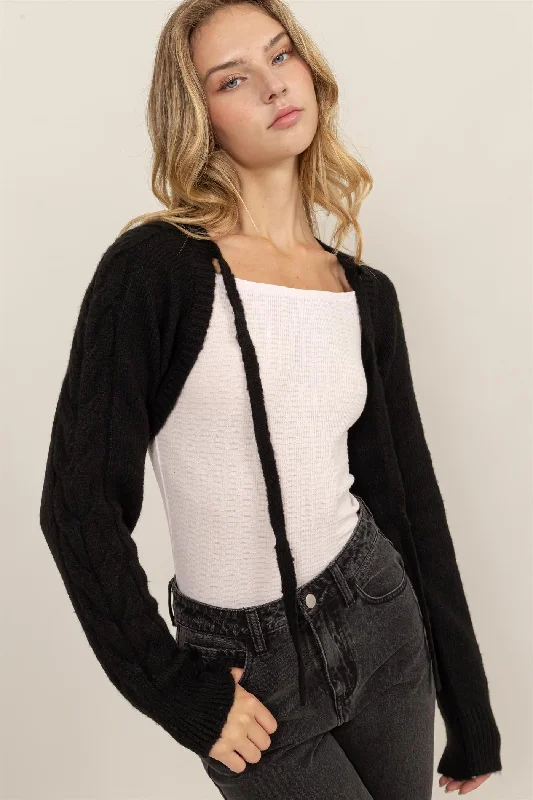 ribbed women cardigan with a classic textureBlack Cable Knit Tie Front Shrug