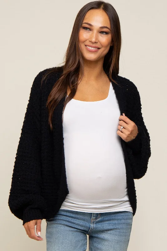 ribbed women cardigan with a classic textureBlack Cropped Chunky Open Knit Maternity Cardigan