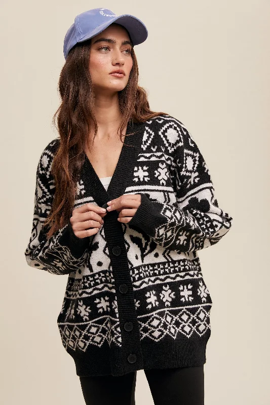 v neck women cardigan to elongate the necklineBlack Printed Button Up Cardigan