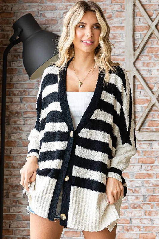 cashmere blend women cardigan for a luxurious feelBlack Textured Knit Striped Oversized Cardigan