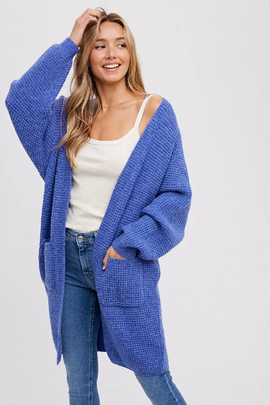 ribbed women cardigan with a classic textureBlue Chunky Waffle Knit Cardigan