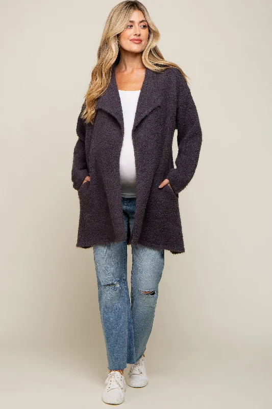 hooded women cardigan for added warmth and styleCharcoal Fuzzy Knit Draped Maternity Cardigan