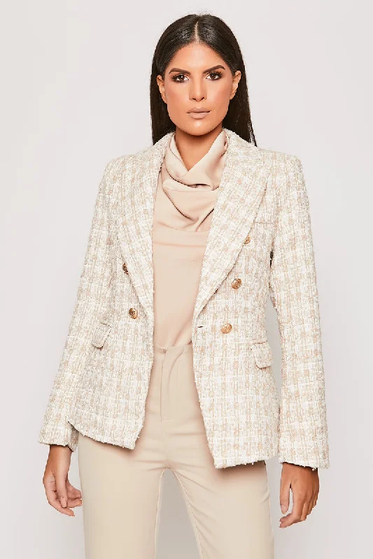 Double - Breasted Women's Polyester Blazers in Bright Colors for a Fun StyleClarisse - Nude & White Checked Knit Thread Gold Button Blazer