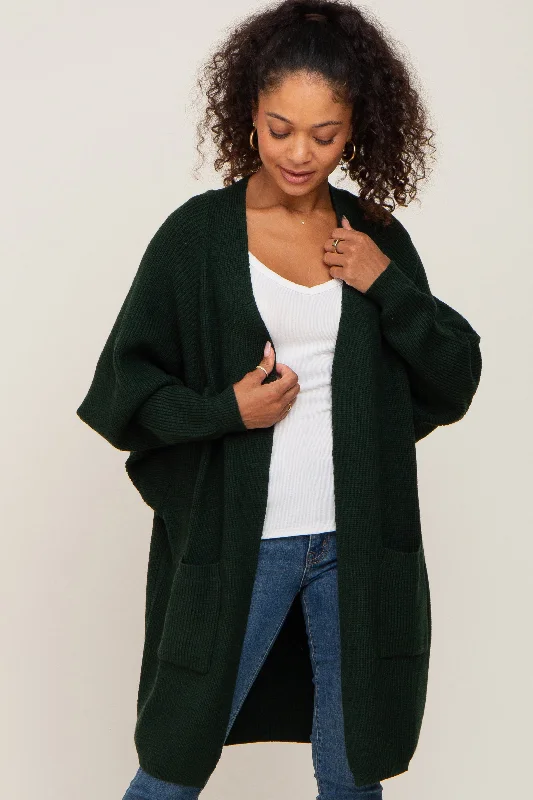 long length women cardigan with side slitsForest Green Pocketed Knit Cardigan