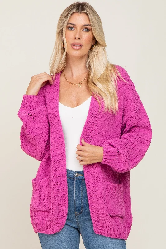 color block women cardigan with bold huesFuchsia Oversized Bubble Sleeve Cardigan