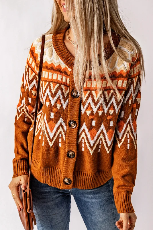 cable knit women cardigan with intricate patternsGeometric Button Down Round Neck Cardigan