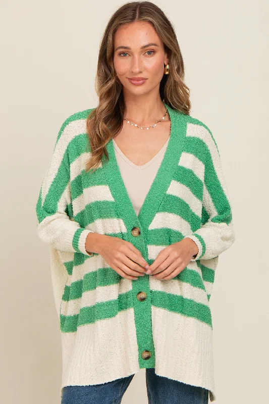 organic cotton women cardigan for an eco - friendly choiceGreen Textured Knit Striped Oversized Cardigan