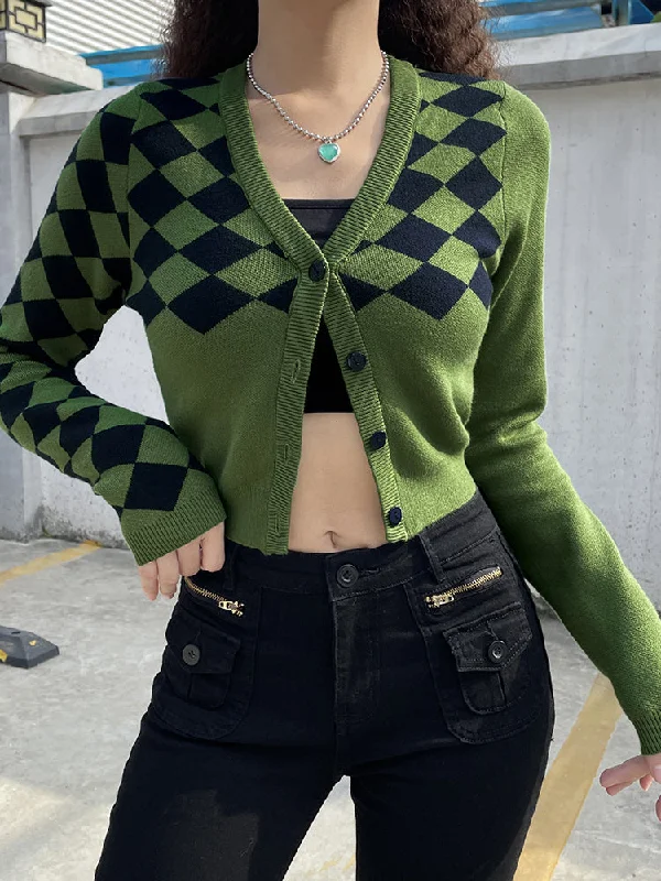 open front women cardigan for easy stylingAmy Fashion - Fashion Plaid Green Cropped Knitted Cardigan