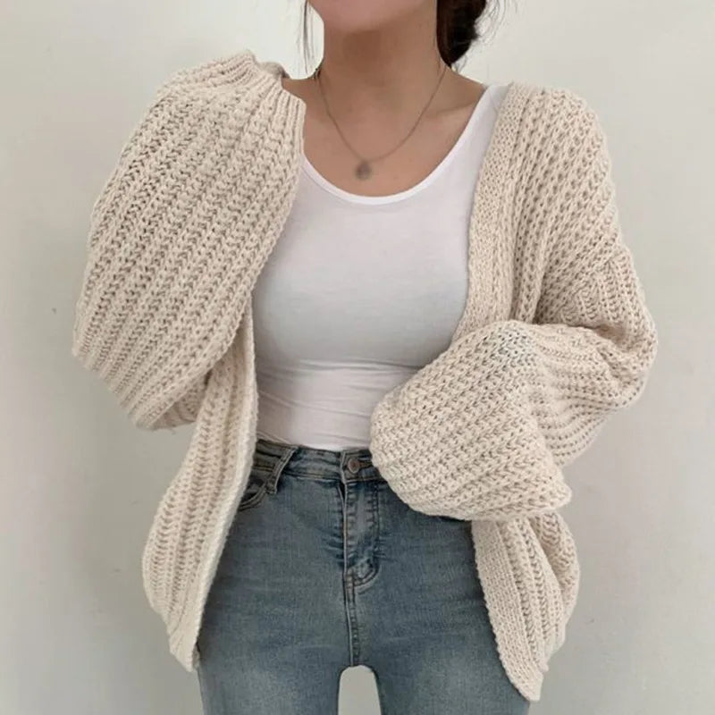 ribbed women cardigan with a classic textureLoose Casual Solid Color Autumn Winter Versatile V Neck Knitted Sweater