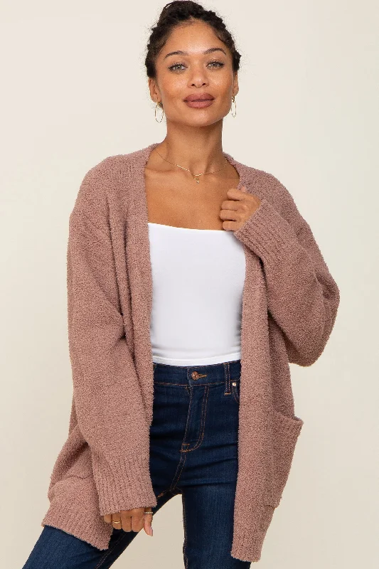 plus size women cardigan for comfortable layeringMocha Fuzzy Knit Front Pocket Cardigan