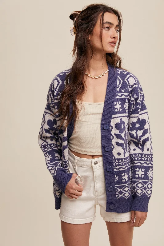 cable knit women cardigan with intricate patternsNavy Blue Printed Button Up Cardigan