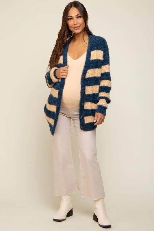 open front women cardigan for easy stylingNavy Blue Striped Fuzzy Maternity Cardigan