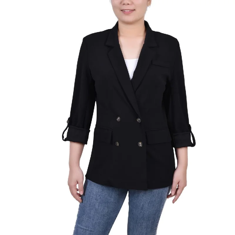 Women's Tailored Stretch Blazers in Navy Blue for Business MeetingsNY Collection Womens Petites Knit Long Sleeves Two-Button Blazer