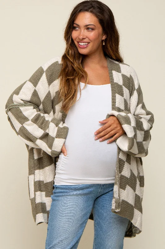 sequin embellished women cardigan for special occasionsOlive Checkered Print Oversized Maternity Cardigan