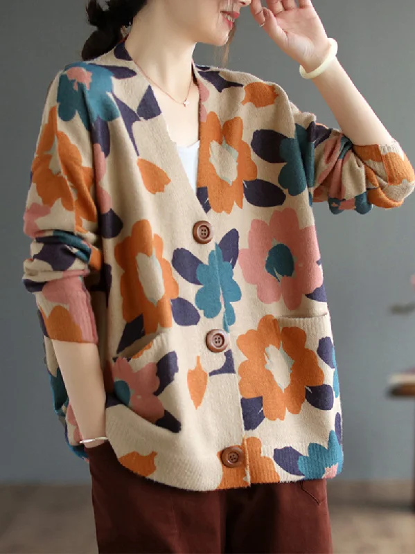 machine washable women cardigan for easy careOpen-Front Women's  Printed Flower Cardigan