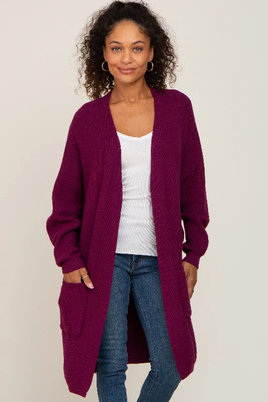 v neck women cardigan to elongate the necklinePlum Pocketed Knit Cardigan