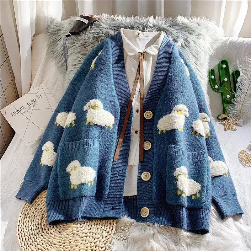 long length women cardigan with side slitsSheep Embroidery Knitted Cardigan