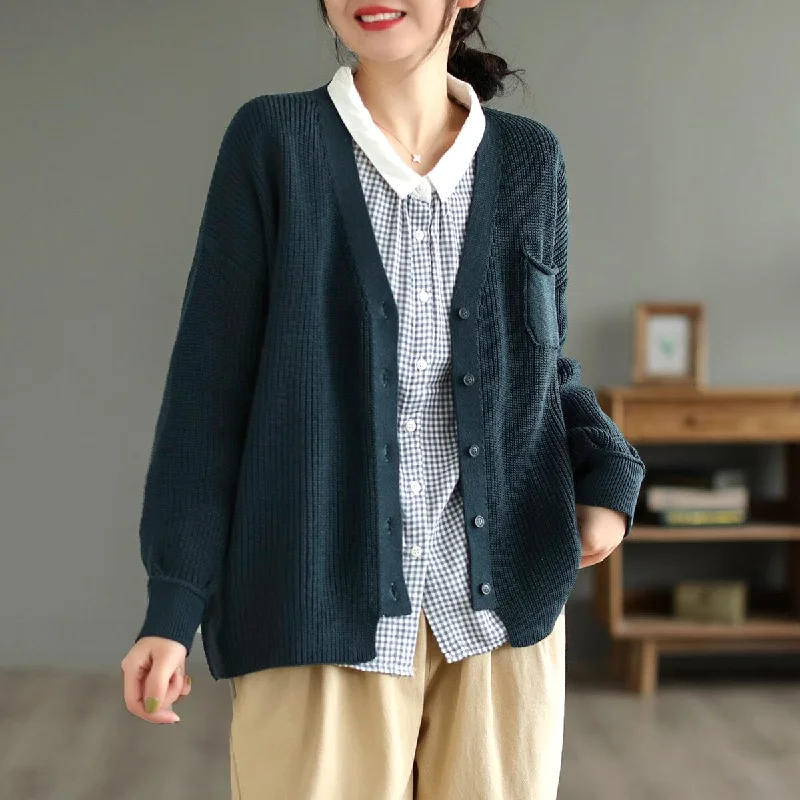 machine washable women cardigan for easy careSpring Cotton Knitted Casual Solid V-Neck Cardigan