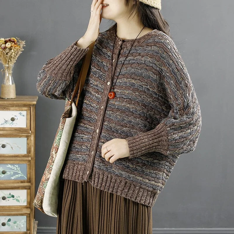 machine washable women cardigan for easy careSpring Retro Cotton Knirred Stripe Casual Cardigan