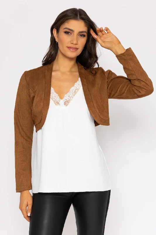 Plus Size Women's Sequin - Embellished Blazers in Silver for a Glamorous PartySuede Bolero in Camel