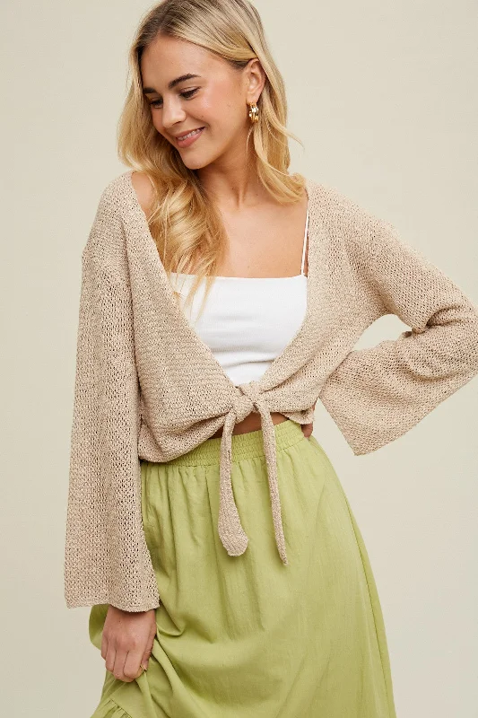 ribbed women cardigan with a classic textureTaupe Open Knit Sweater Self-Tie Cardigan