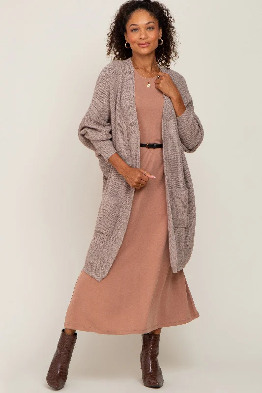 ribbed women cardigan with a classic textureTaupe Pocketed Knit Cardigan