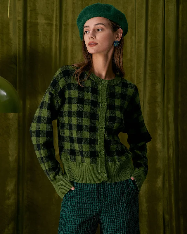 button down women cardigan with vintage buttonsThe Green Crew Neck Plaid Button Cardigan