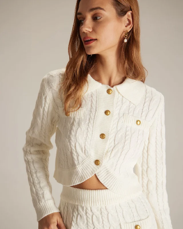 lightweight women cardigan for spring and fallThe White Lapel Ribbed Button Cable Cardigan