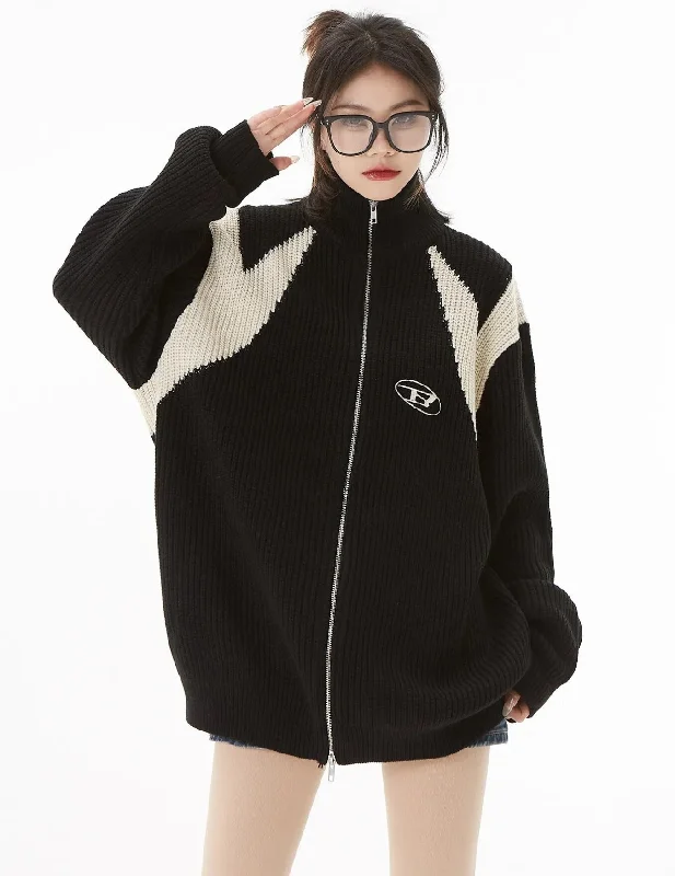 cable knit women cardigan with intricate patternsTurtleneck Zip-Up Loose Cardigan