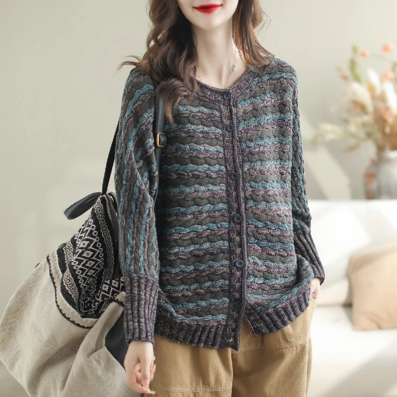 floral print women cardigan for a feminine touchWomen Autumn Casual Stripe Cotton Knitted Cardigan