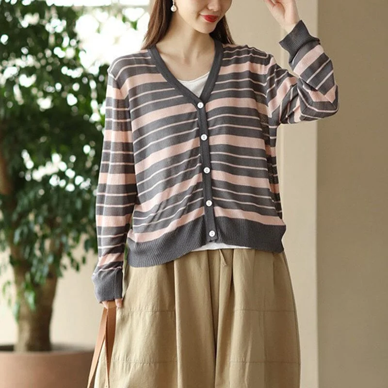 cashmere blend women cardigan for a luxurious feelWomen Casual Thin Linen Knitted Stripe V-Neck Cardigan