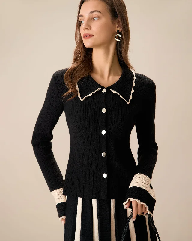 open front women cardigan for easy stylingWomen's Black Splicing Button Ribbed Cardigan