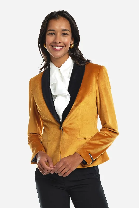 Women's Belted Blazers in Camel Color for a Sophisticated OutfitWomens Dinner Jacket - Gold