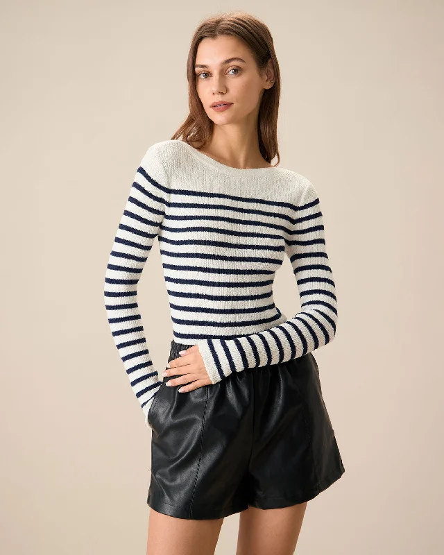 organic cotton women cardigan for an eco - friendly choiceWomen's Navy Boat Neck Slim Striped Sweater