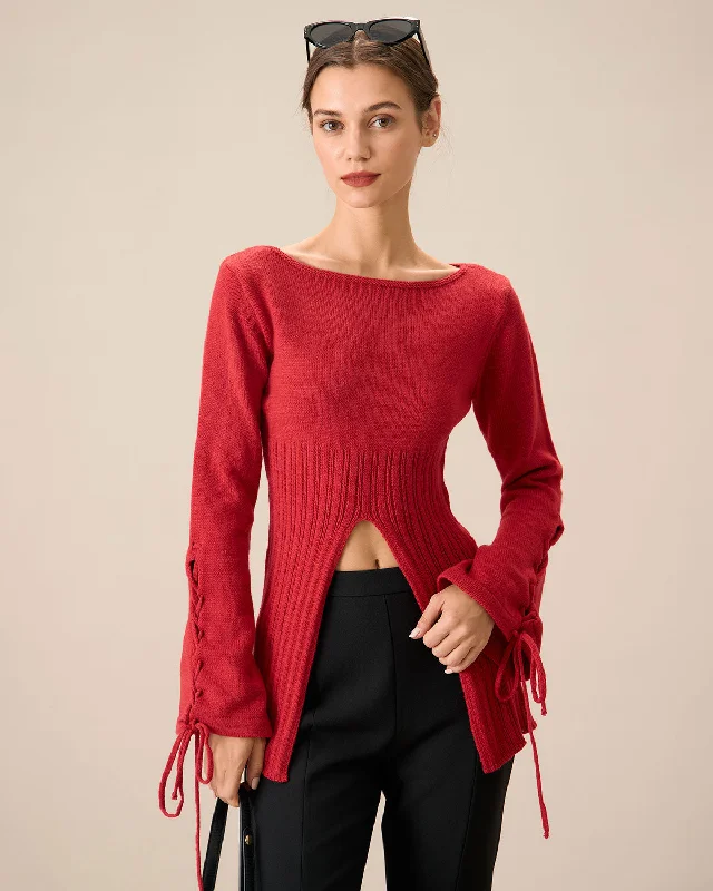 organic cotton women cardigan for an eco - friendly choiceRed Bell Sleeve Slit Sweater