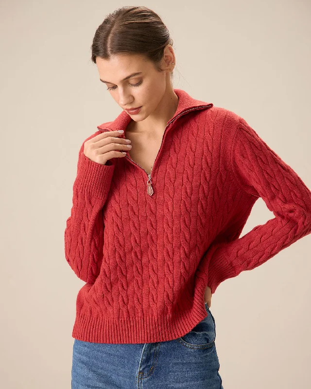 ribbed women cardigan with a classic textureRed Lapel Zipper Sweater