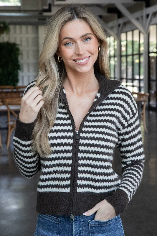 ribbed women cardigan with a classic textureYor Mock Neck Zip Up Cardigan, Brown Stripe | RD Style