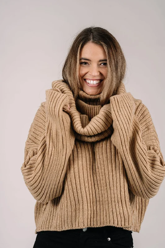 Tie - Front Women's Lambswool Sweaters in Pastel HuesSaffron Knit Tan