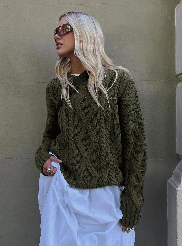 Plus Size Women's Belted Cable Knit SweatersAnaya Oversized Sweater Olive